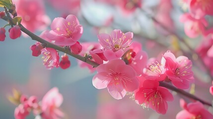 Obraz premium Close-up of vibrant pink peach blossoms in full bloom, bathed in warm sunlight. Dreamy and romantic atmosphere captured as sun rays filter through delicate petals, showcasing nature's beauty in spring