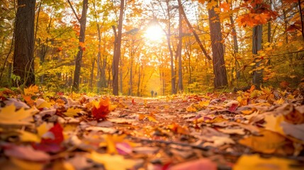 A serene autumn scene with a trail covered in fallen leaves, leading through a forest of trees displaying a brilliant array of fall colors under a bright sky