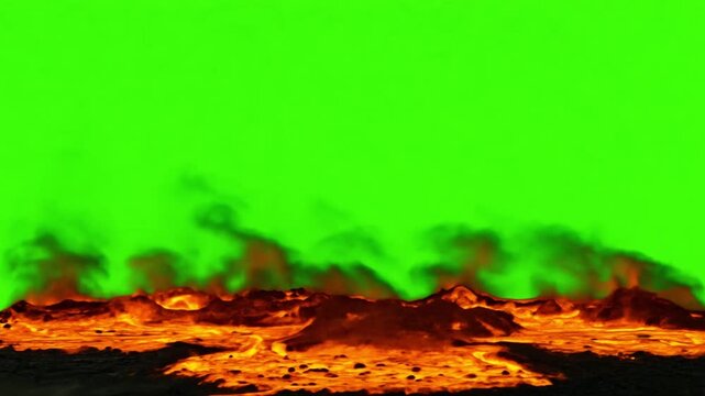 Spreading lava flow with smoke on green screen, symbolizing danger, destruction, or the wrath of nature