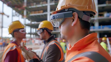 A construction site with workers using augmented reality glasses to visualize building plans and coordinate tasks.