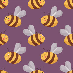 Seamless pattern with bees on color background. Small wasp. Vector illustration. Adorable cartoon character. Template design for invitation, cards, textile, fabric. Doodle style