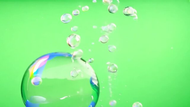 Soap bubbles floating and popping on a green screen, symbolizes joy, freedom, and ephemerality
