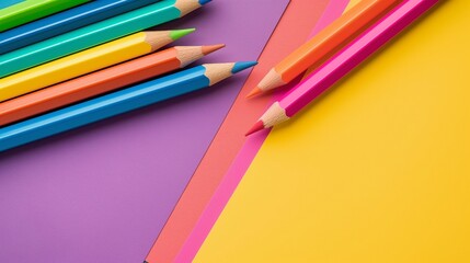 Fototapeta premium A row of colorful pencils are arranged on a yellow background. The pencils are of different colors and sizes, and they are placed in a way that creates a sense of order and harmony