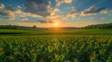 Lush green corn field, vibrant blue sky, fluffy white clouds, expansive agricultural landscape, golden sunlight, rich color saturation, wide-angle perspective, crisp focus on corn leaves.