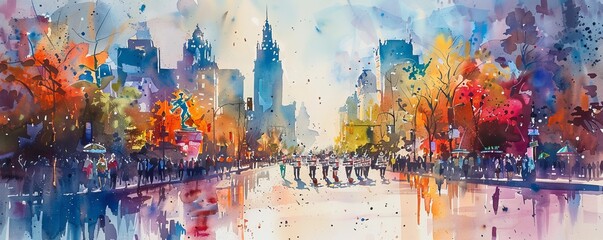 A watercolor painting of a festive parade winding through a bustling city street, marching bands playing lively tunes, and colorful floats filling the air with joy.