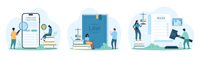 Law, policy and rules set. Tiny people study books of legislation and jurisprudence, research Terms and conditions with magnifying glass on phone screen and paper sheet cartoon vector illustration