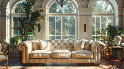 Elegant White Sofa in Classic Interior with Arched Windows