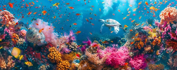 A vibrant coral reef teeming with colorful fish and graceful sea turtles.