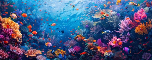 A vibrant coral reef teeming with colorful fish.