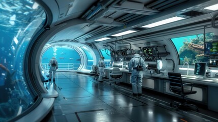 A futuristic underwater research lab with scientists, marine life, and high-tech equipment