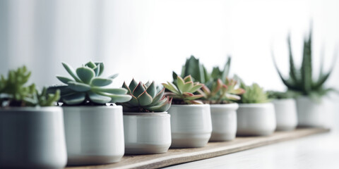 Row of Various Succulent Plants in Pots on a Wooden Shelf. Houseplants on a Table in Living room, Minimalist and Modern Interior Design