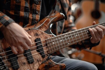 Fototapeta premium Close-Up of a Musician Playing a Beautifully Crafted Bass Guitar