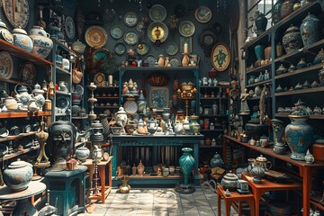 Obraz premium A Treasure Trove of Antique Pottery and Artifacts in a Charming Shop