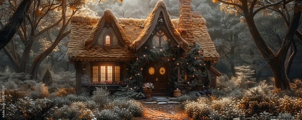 Sticker Enchanted Forest Fairy Tale Cottage, 4K hyperrealistic photo