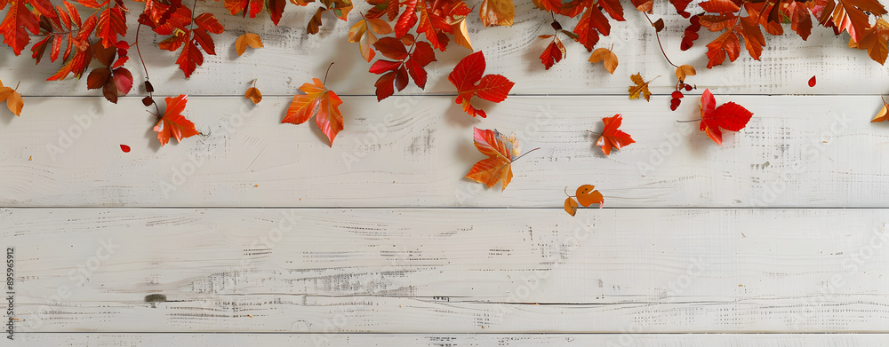 Poster Thanksgiving Wallpaper with Fall leaves on White wood Surface.