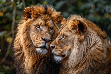 Fototapeta premium Tender moment between two lions showing affection in a lush, green environment.
