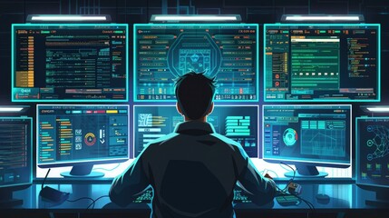 A cybersecurity analyst investigating a potential cyber threat, surrounded by screens displaying network traffic, logs, and security alerts.
