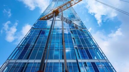 Fototapeta premium A crane lifting a massive glass panel into place as part of a modern skyscraper's facade.