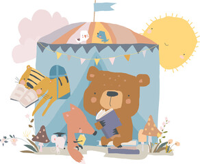 Cute Cartoon Animals reading Book in Tent. Vector illustration