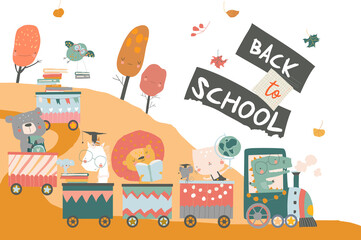 Happy Cartoon Animals traveling to the School by Train. Vector Illustration