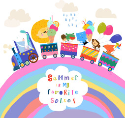 Naklejka premium Happy Animals traveling by Train on Rainbow. Vector illustration