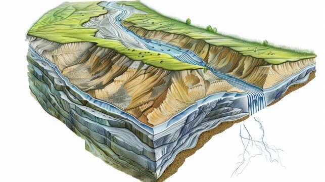 Diagram of an alluvial fan, showing how sediment is spread out in a fan shape by flowing water from a steep gradient