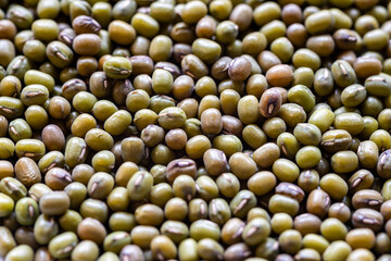 closeup of many green mung bean seeds