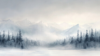 Obraz premium A mountain range with a foggy sky and a river in the foreground