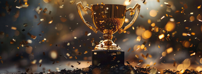 A golden trophy with confetti on a dark background represents achievement and celebration in a competition.