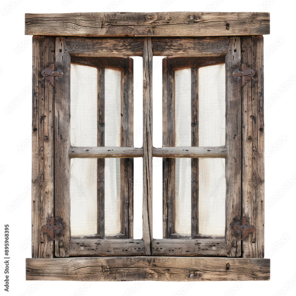 Wall mural An old rustic wooden window frame isolated against a transparent background offers a charming, vintage appearance.