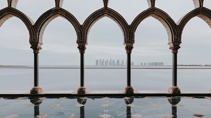 A view of the Doha skyline from a building with three arched openings