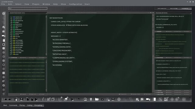 User interface designed for computer scientists, showcasing animated binary code and Java programming language. 3D rendering of coding application UI used by IT technicians doing debugging