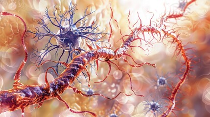 Diagram of multiple sclerosis, showing demyelination of nerve fibers and its impact on nerve signal transmission.