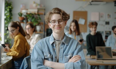 Obraz premium An office worker with a smartphone smiles