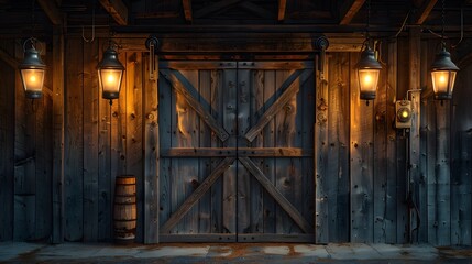 Rustic wooden barn doors, sliding mechanism, weathered wood texture, warm ambient lighting, hanging vintage lanterns, soft glow illumination, deep shadows.