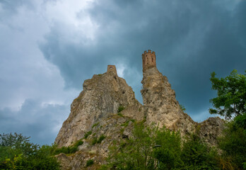 The famous Maiden tower, standing on an isloated rock above among the ruins of the Devin castle, Bratislava, Slovakia