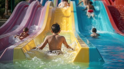 A boy is sliding down a water slide with other children