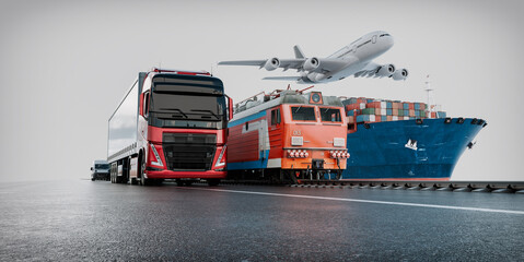 Logistics import export of containers cargo freight ship, truck transport container on highway at port cargo shipping dock yard , plane, transportation industry concept.