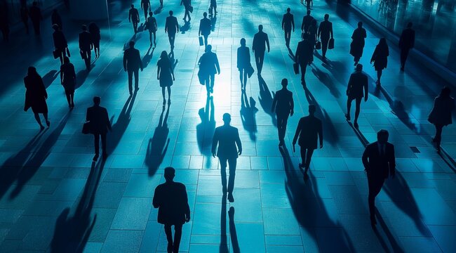 Silhouette of business people busy walking on the street, from above view. blue theme.