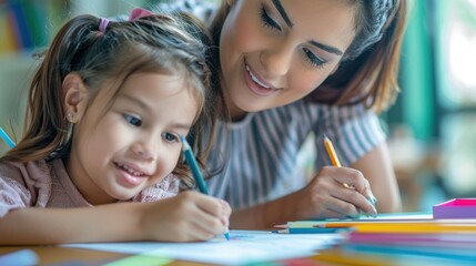 A woman is helping a little girl draw