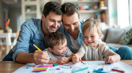 Fototapeta premium A man and two children are drawing together
