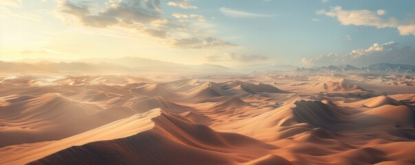 A vast desert landscape stretching as far as the eye can see, with dunes that rise and fall like waves.