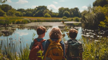 Fototapeta premium Three children are standing by a lake, each wearing a backpack