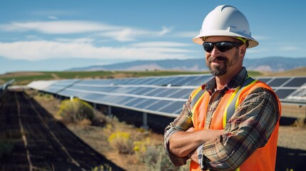 Confident engineer stands with arms crossed at a solar panel field