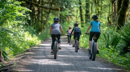 Obraz premium A group of people are riding bikes on a dirt road in a forest