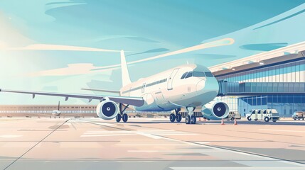Obraz premium Illustrate a commercial airplane at a regional airport, with a smaller terminal and a quieter atmosphere