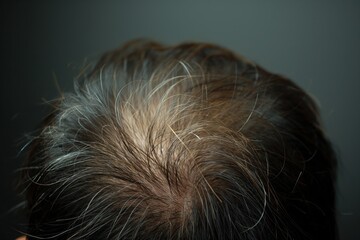 Close-up shot showing moderate hair thinning in a person. Visible scalp and different hair shades noted.