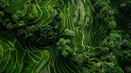 Aerial view of beautiful rice terraces forming an abstract pattern of lush green lines in asia