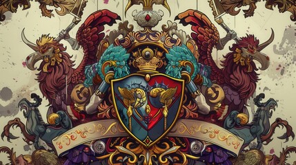 Illustrate a detailed heraldic coat of arms with multiple symbols, including mythical creatures