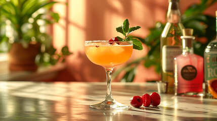 Cosmopolitan cocktail top on bar, cocktail made with vodka, triple sec, cranberry juice, and freshly squeezed lime juice or sweetened lime juice